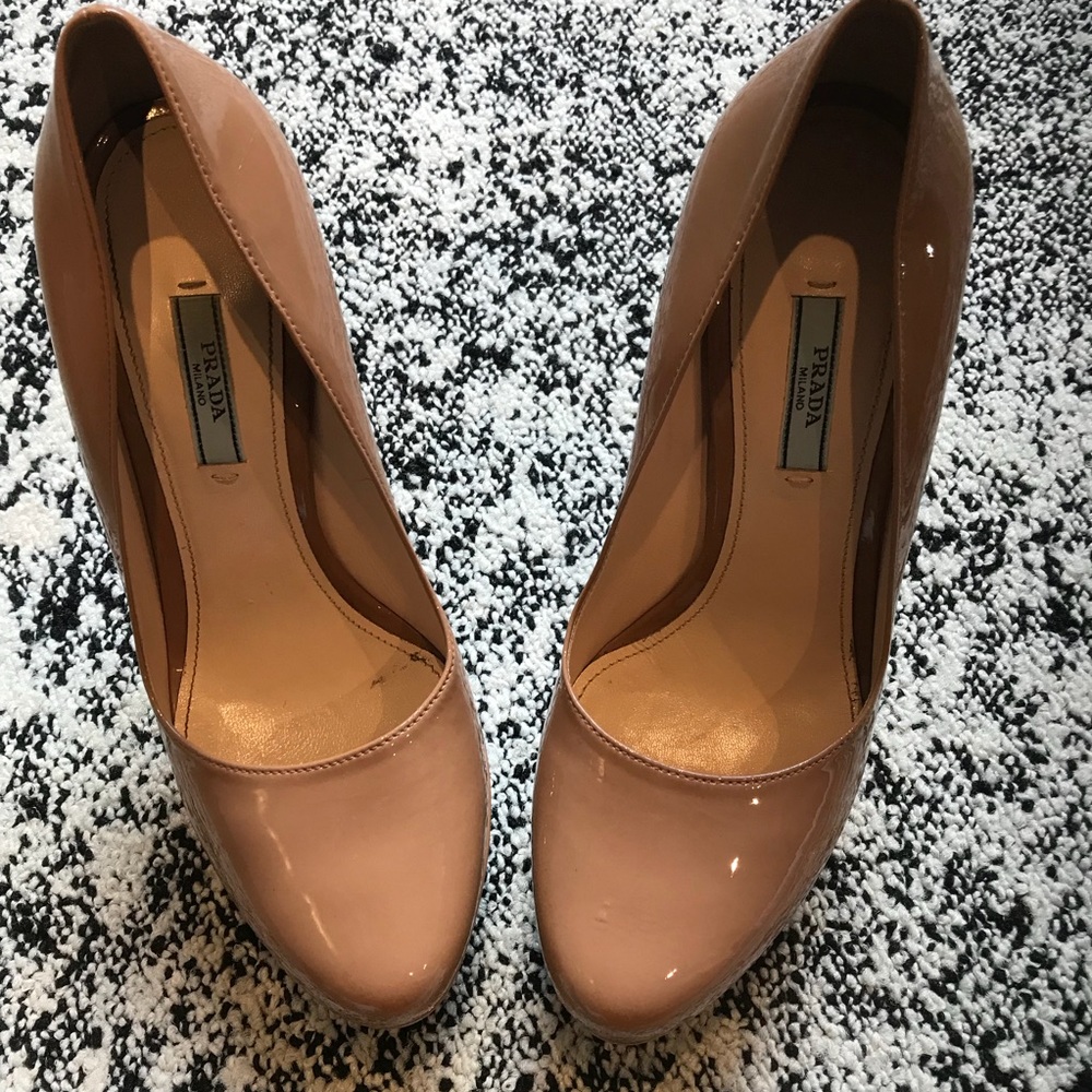 Nude Toffee Colored Patent Leather Prada Pumps